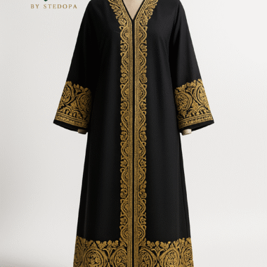 A black abaya with rich golden embroidery