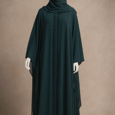 Hooded Butterfly Kaftaan Abaya in Emerald Teal with attached cap and ruffled front on mannequin