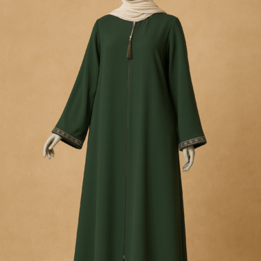 Forest teal front-zip abaya with tassel, presented on neutral background