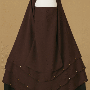 4-layer brown niqab with golden bead detailing and nose piece – modest wear for women