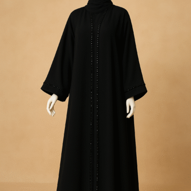 Elegant black front-open abaya with subtle sequin details on mannequin - Zayrah modest wear
