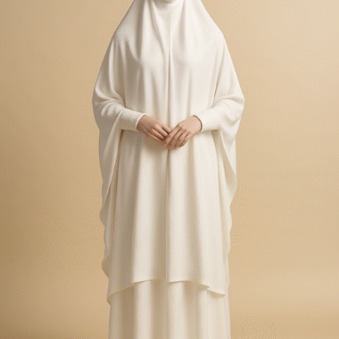 Front view of premium white jilbab for Umrah and Hajj on mannequin
