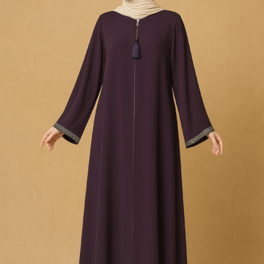 Modest plum orchid abaya with front tassel detail, displayed on mannequin