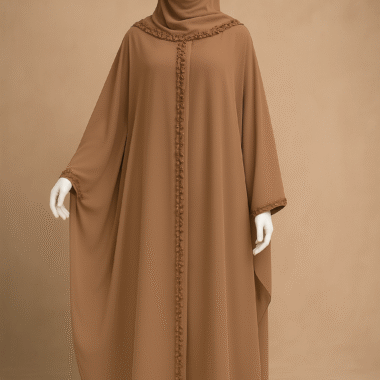 Rose Mocha Hooded Kaftaan Abaya shown on mannequin with stitched cap and cape-style silhouette